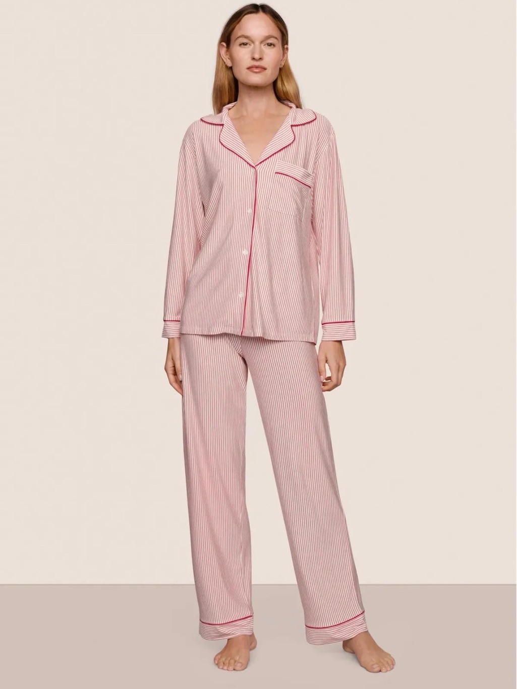 Eberjey Gisele Printed Tencel Modal Long Pj Set Duo Stripe Holly Red Pajamas Xl